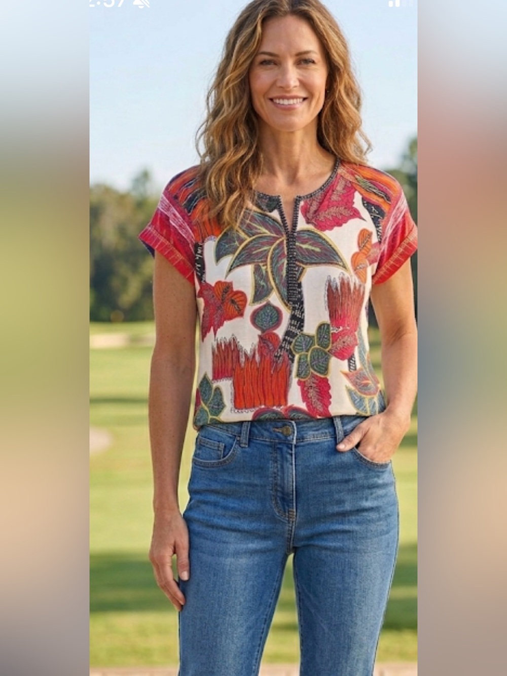 Soft Surroundings size 1X  Tropical Leaf Print Cap Sleeve Top - colorful boho